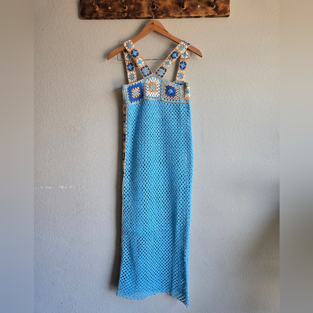 REVOLVE Sky Blue Crochet Maxi Dress with Multicolor Mosaic Trim - Picture 6 of 10